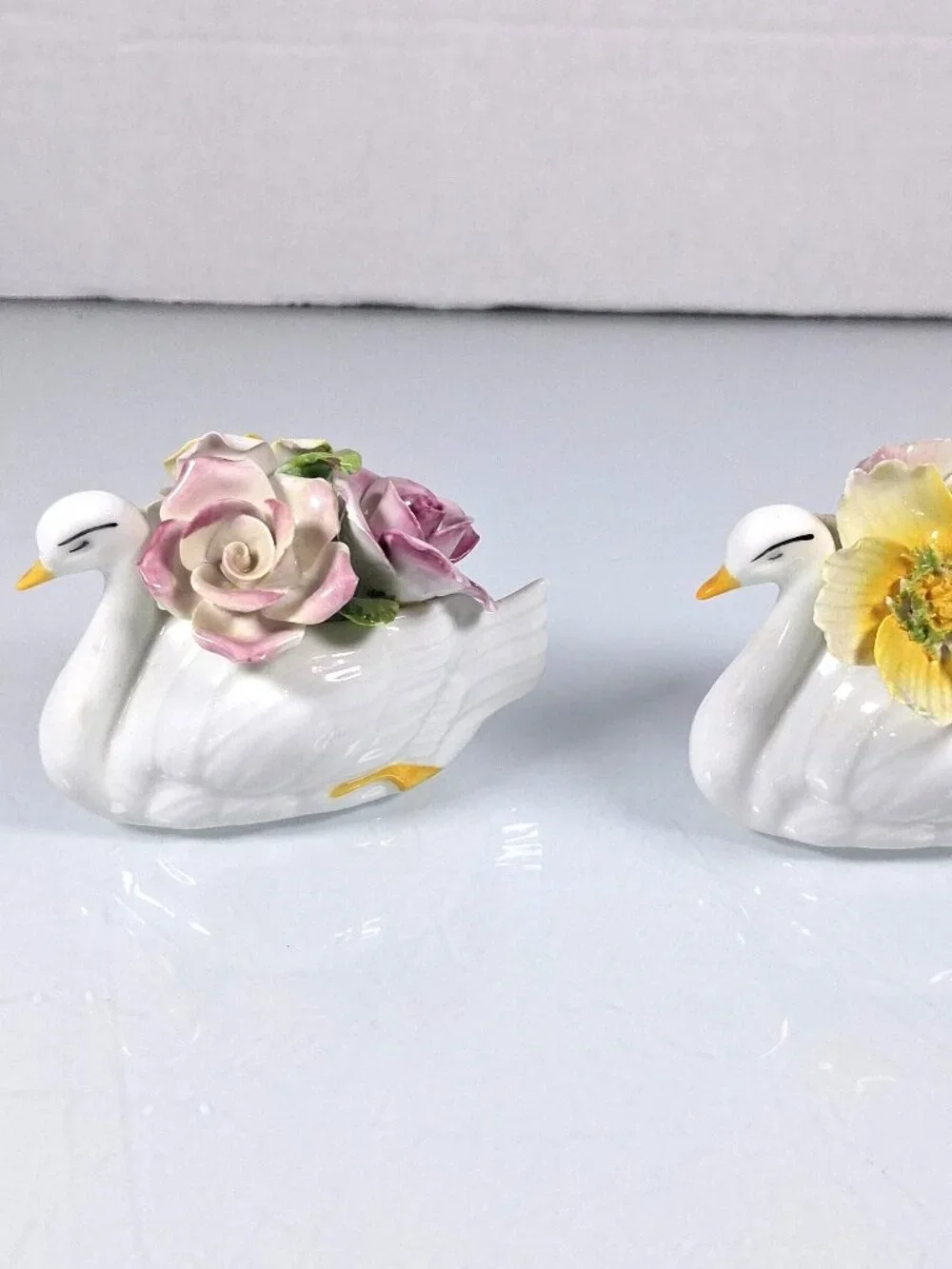 Vintage Jon Anton Fine Bone China Swan Figurines With Floral Bouquets